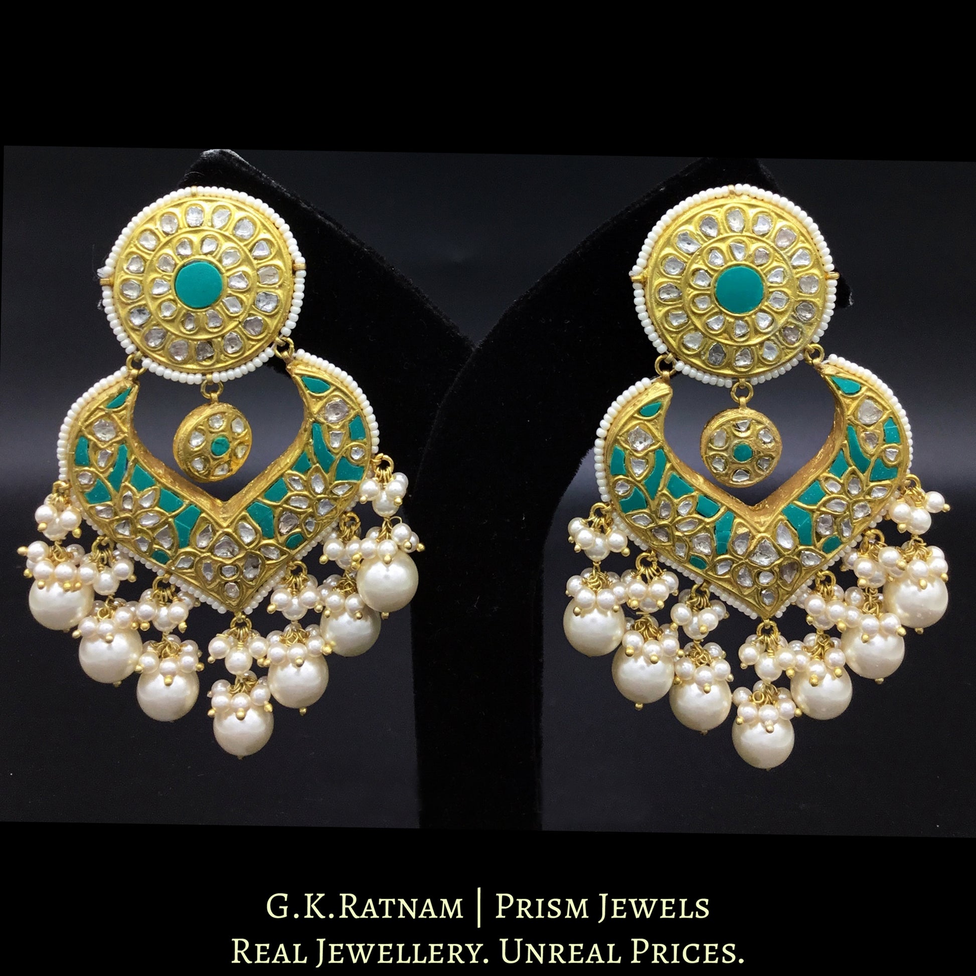23k Gold and Diamond Polki Chand Bali Earring Pair with V-shaped firoza chand - G. K. Ratnam