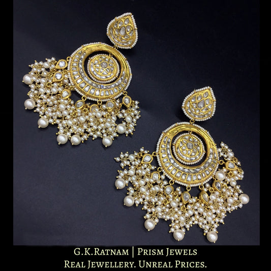 23k Gold and Diamond Polki Chand Bali Earring Pair enhanced with lustrous pearls