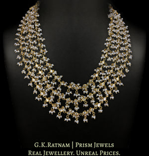 Traditional Gold and Diamond Polki 3-line Necklace with Uncut Drops strung together in Natural Freshwater Pearls