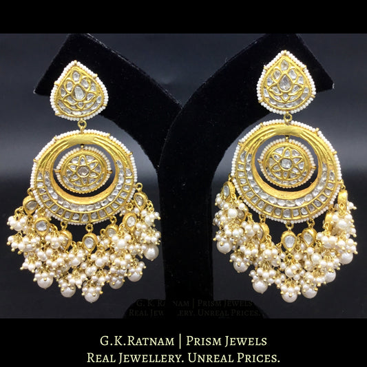 23k Gold and Diamond Polki Chand Bali Earring Pair enhanced with lustrous pearls