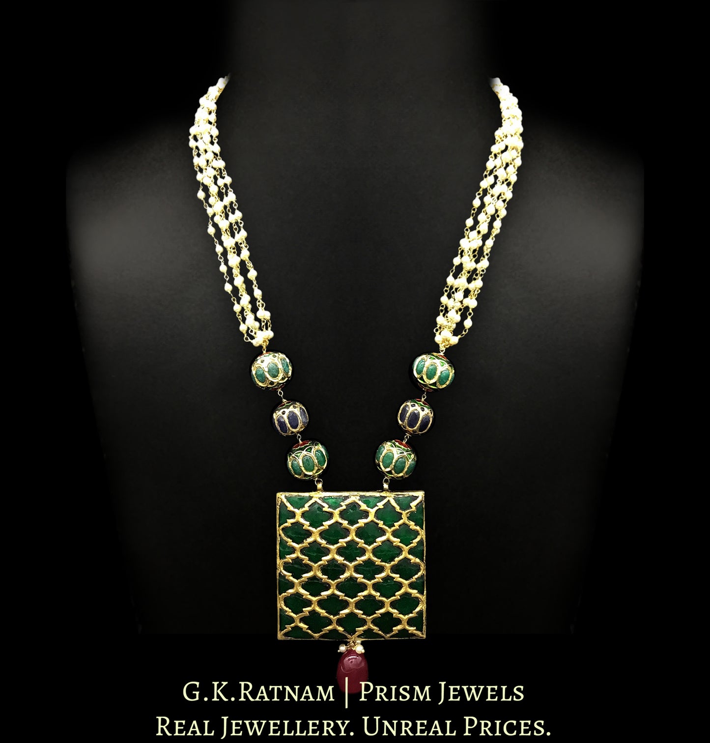 23k Gold and Diamond Polki Reversible Navratna Pendant with Pearl Chains - G. K. Ratnam