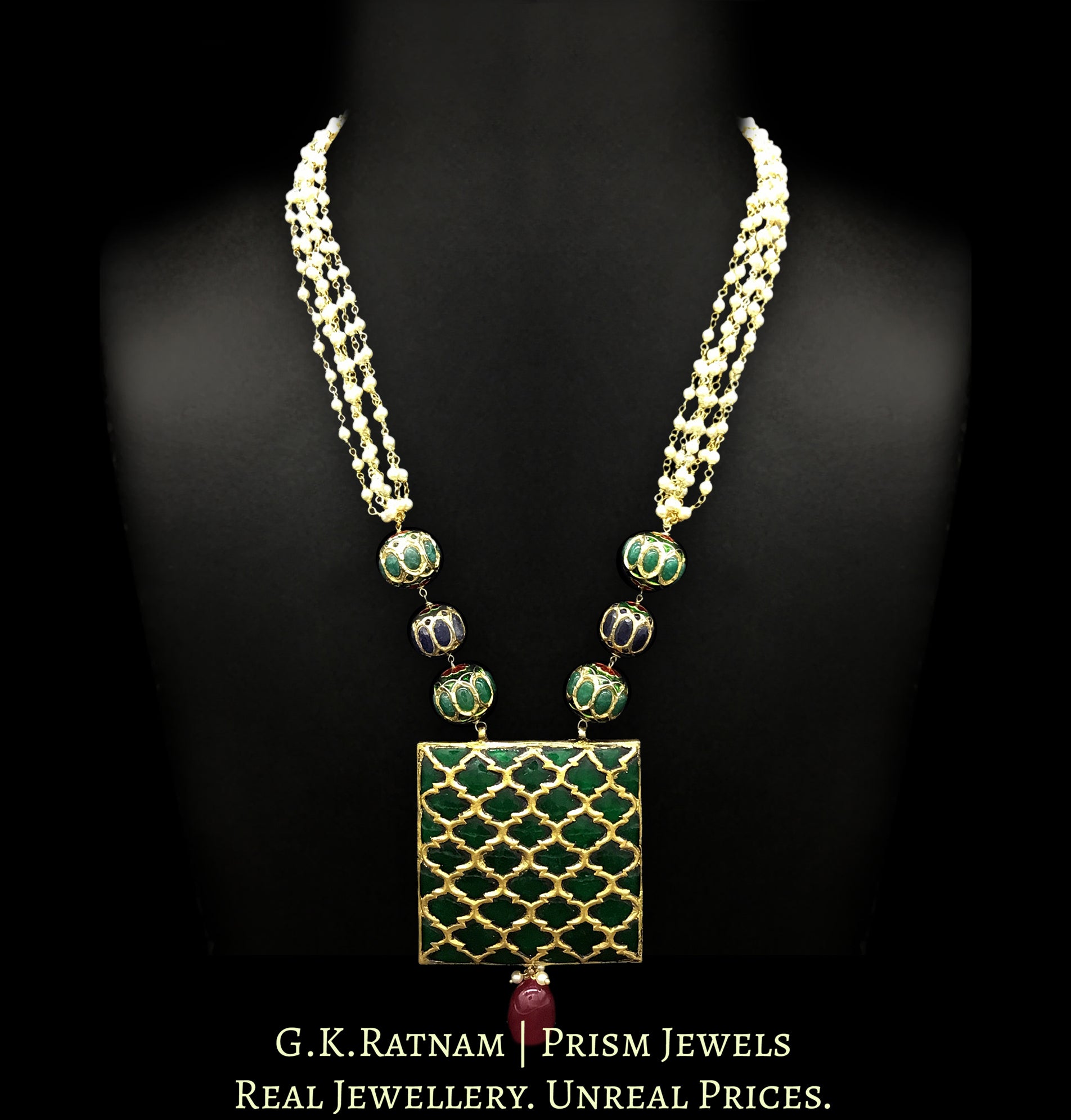 23k Gold and Diamond Polki Reversible Navratna Pendant with Pearl Chains - G. K. Ratnam