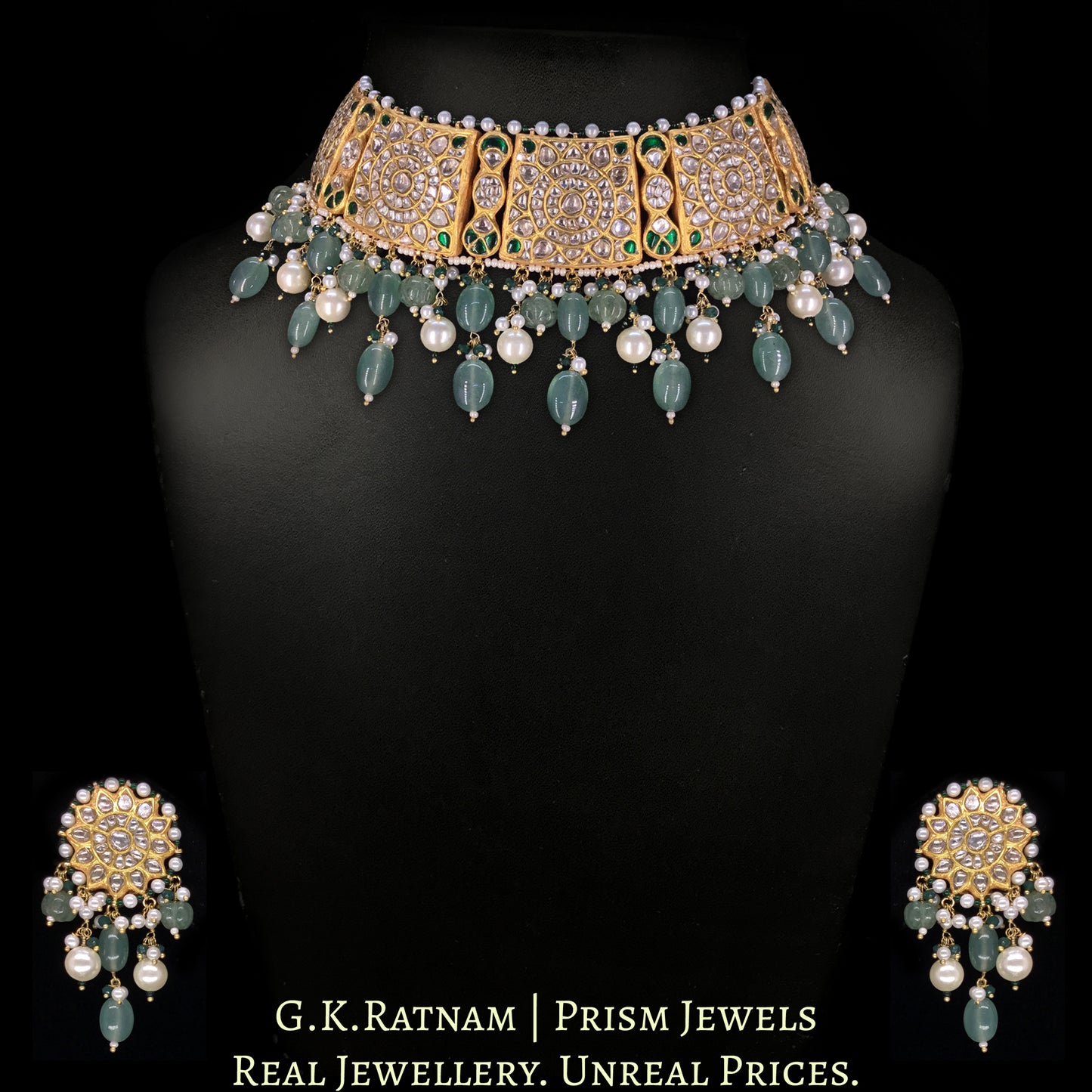 23k Gold and Diamond Polki Choker Necklace Set enhanced with Green Strawberry Quartz and Pearls