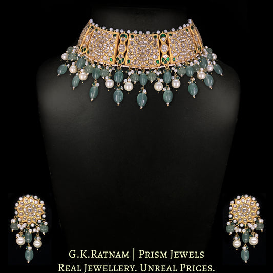 23k Gold and Diamond Polki Choker Necklace Set enhanced with Green Strawberry Quartz and Pearls