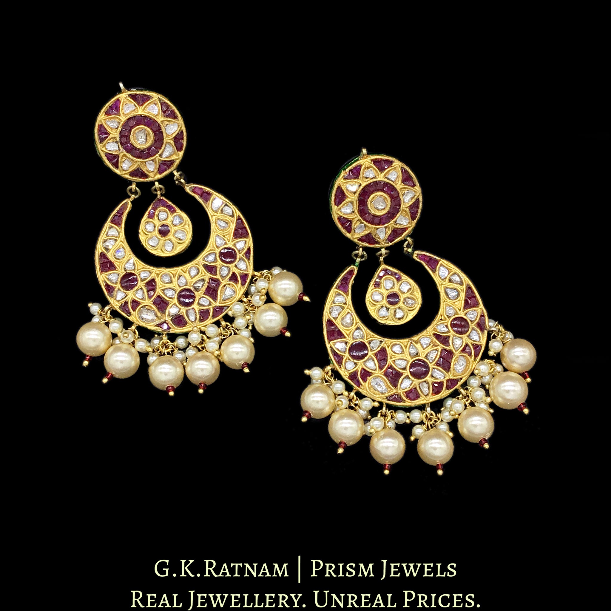 23k Gold and Diamond Polki Chand Bali Earring Pair set with rubies and enhanced with pearls - G. K. Ratnam