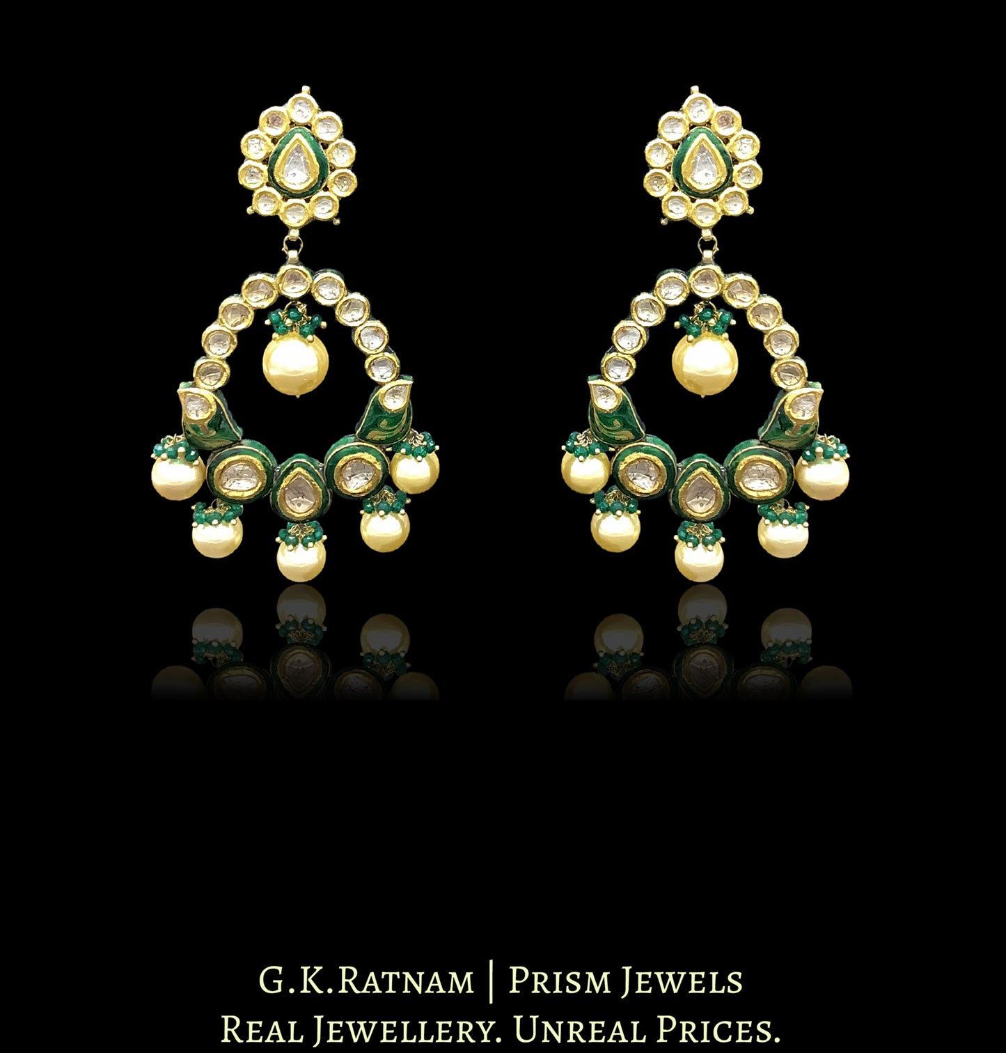 18k Gold and Diamond Polki floral Chand Bali Earring Pair with green enamelling - G. K. Ratnam
