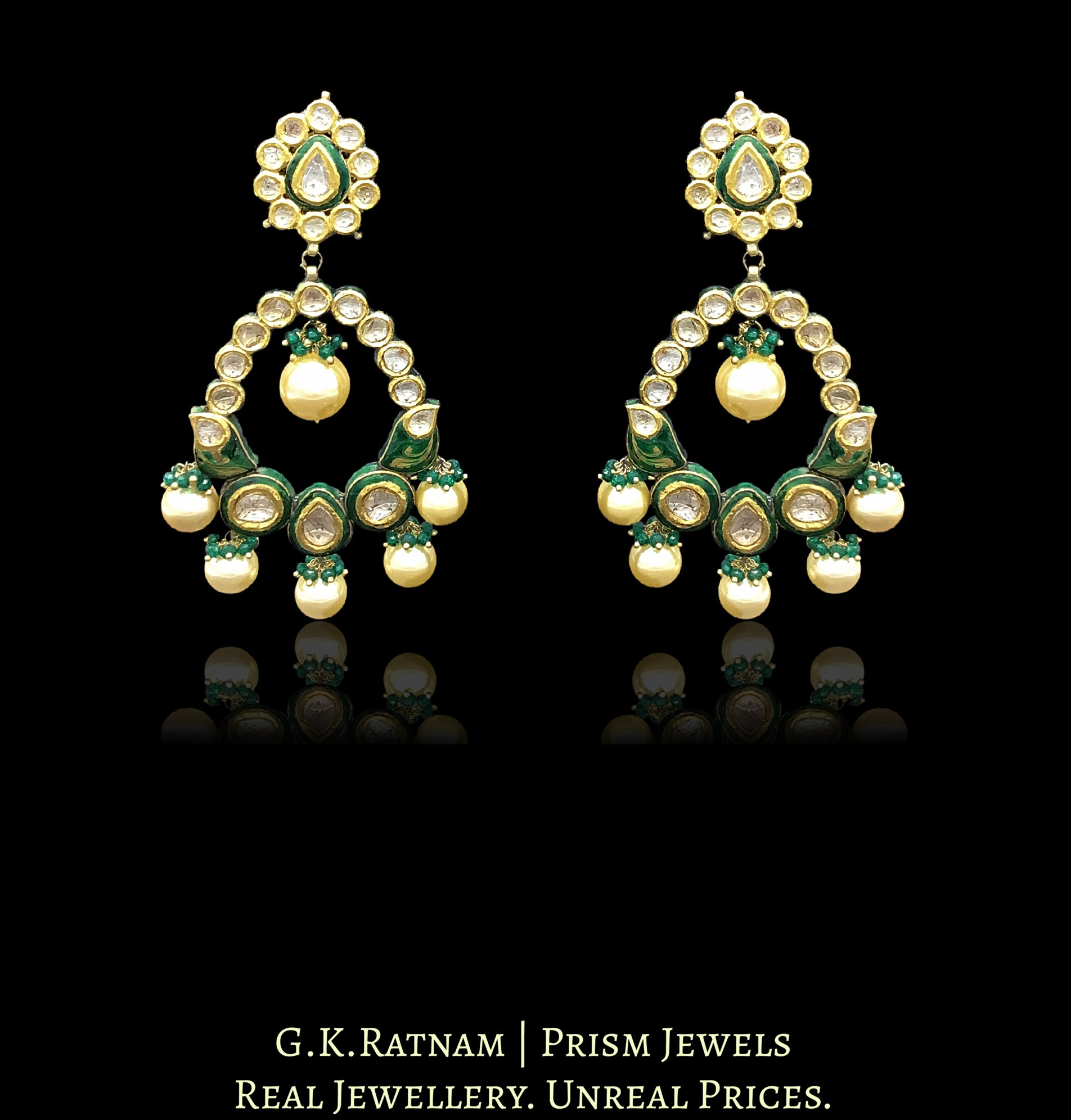 18k Gold and Diamond Polki floral Chand Bali Earring Pair with green enamelling - G. K. Ratnam