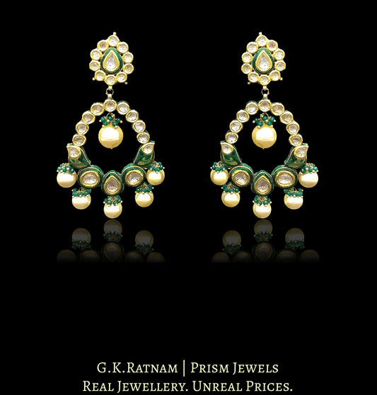 18k Gold and Diamond Polki floral Chand Bali Earring Pair with green enamelling - G. K. Ratnam