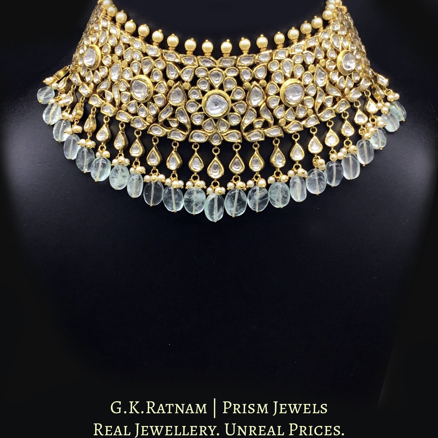 18k Gold and Diamond Polki Choker Necklace Set enhanced with russian-emerald-grade fluorites