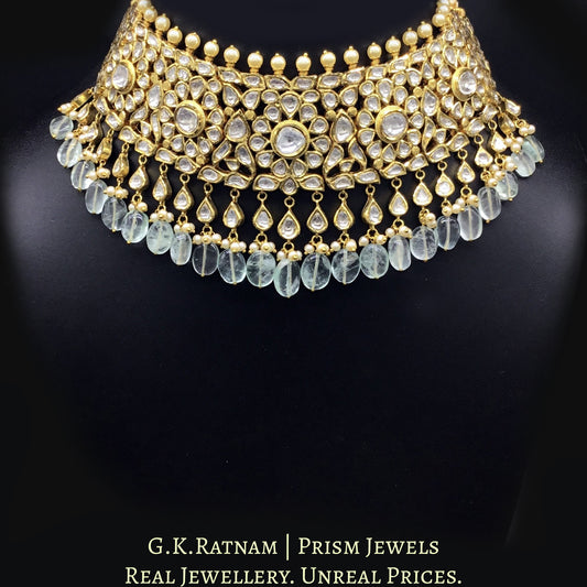 18k Gold and Diamond Polki Choker Necklace Set enhanced with russian-emerald-grade fluorites