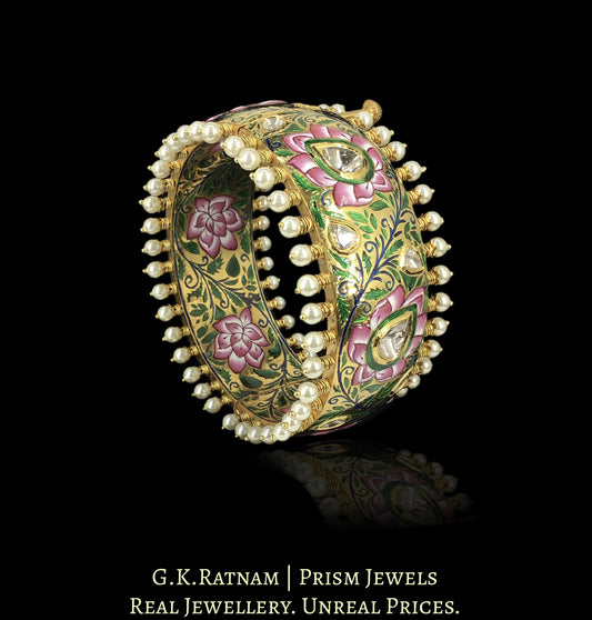 22k Gold and Diamond Polki Broad Bangle with intricate enamelling