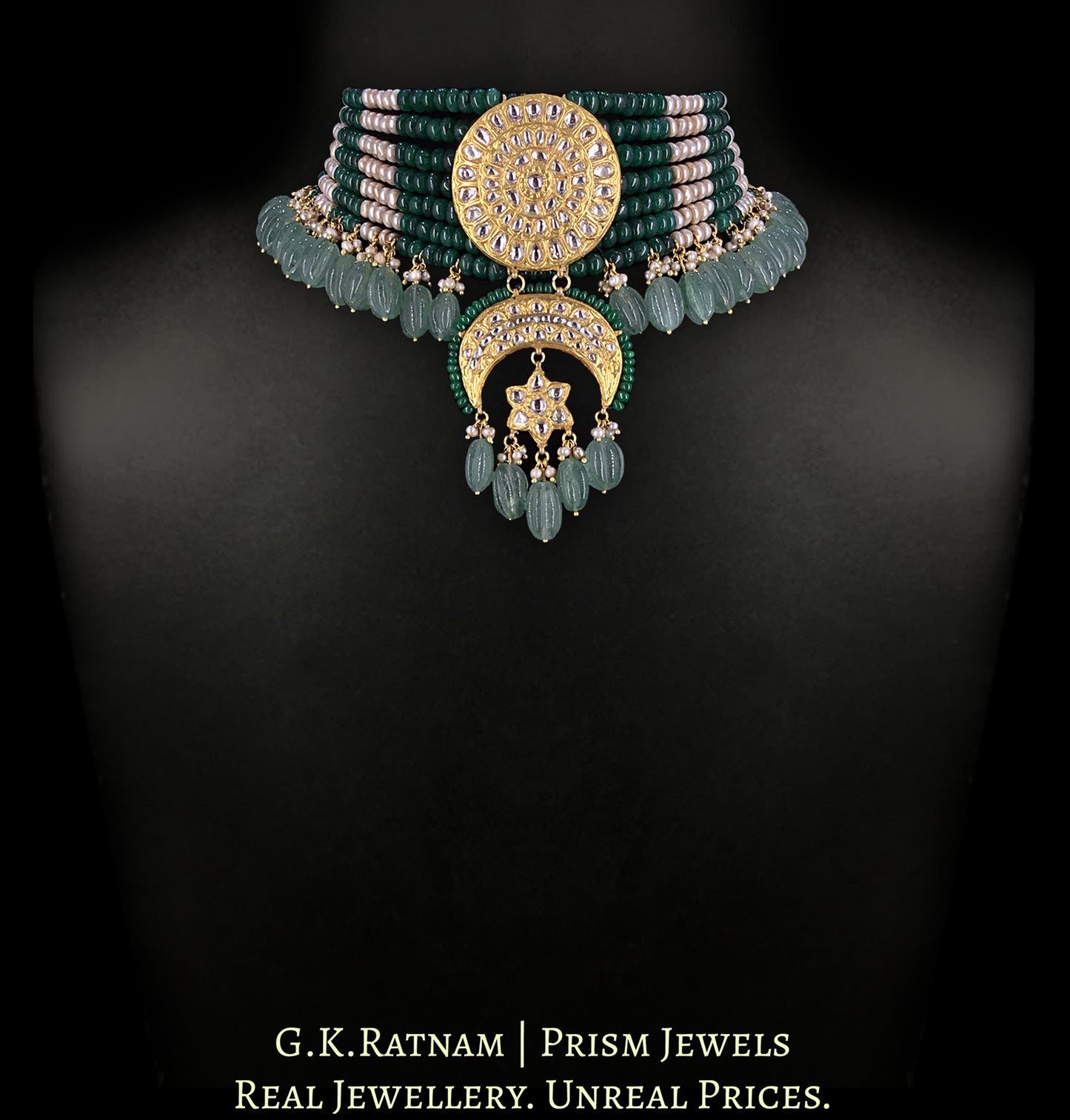 23k Gold and Diamond Polki Choker Necklace Set enhanced with Antiqued Freshwater Pearls and Green Beryls