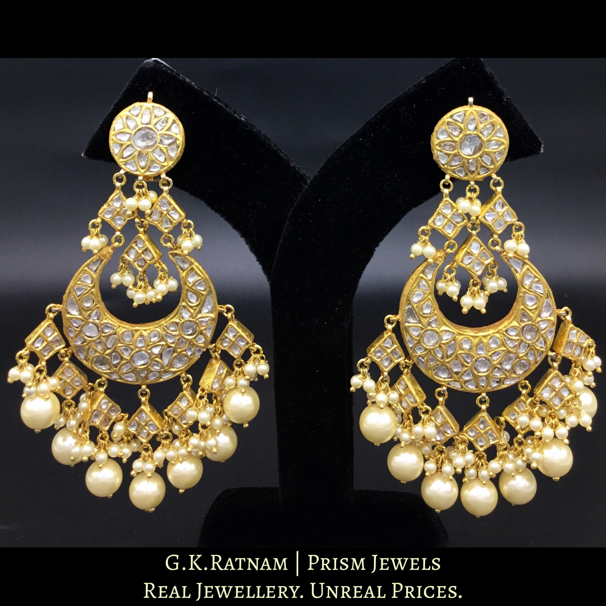 23k Gold and Diamond Polki Chand Bali Earring Pair with triple-coated shell pearls and cascading polkis