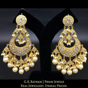 23k Gold and Diamond Polki Chand Bali Earring Pair with triple-coated shell pearls and cascading polkis