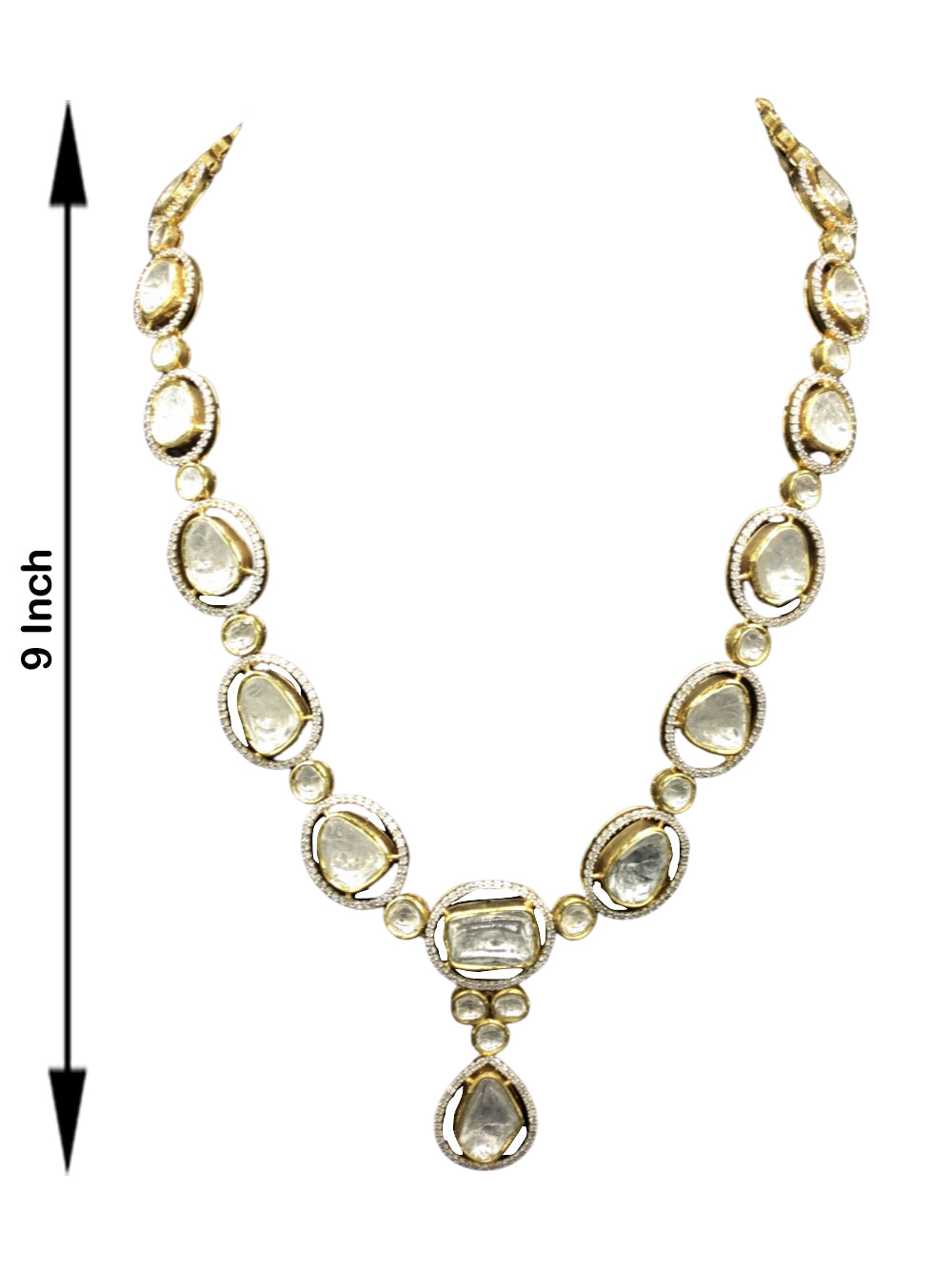 14k Gold and Diamond Polki Fusion Single Line Necklace Set with big uncut diamonds surrounded by cut diamonds
