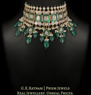 18k Gold and Diamond Polki Choker Necklace Set With Green Beryls and Pearls