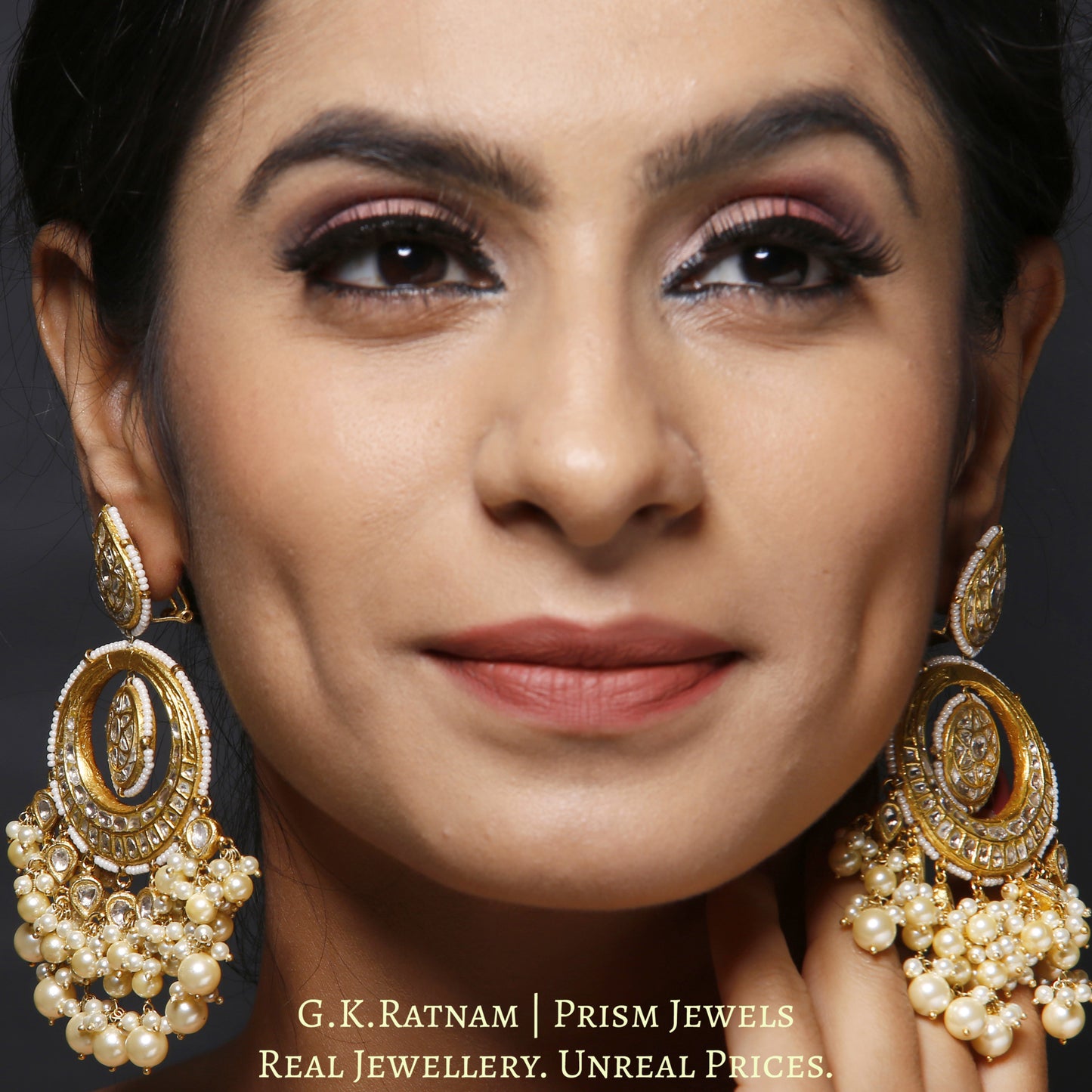 23k Gold and Diamond Polki Chand Bali Earring Pair enhanced with lustrous pearls