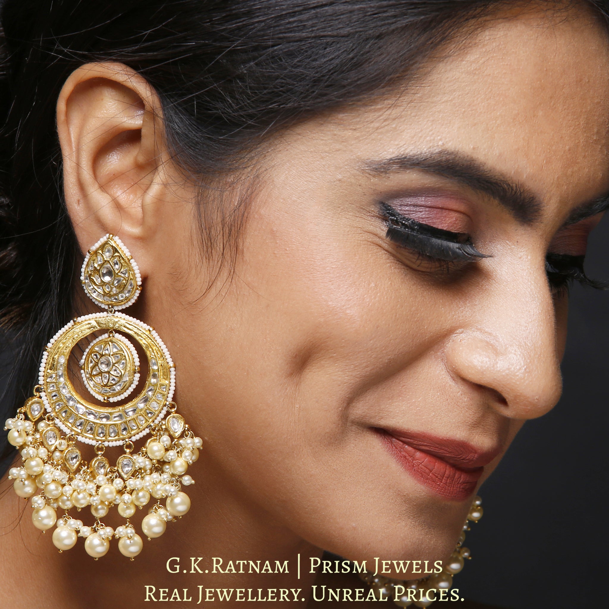 23k Gold and Diamond Polki Chand Bali Earring Pair enhanced with lustrous pearls