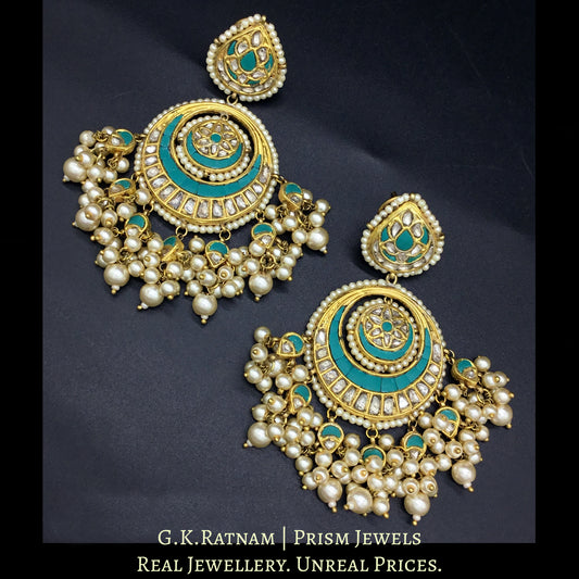 23k Gold and Diamond Polki Chand Bali Earring Pair with Turquoise Setting