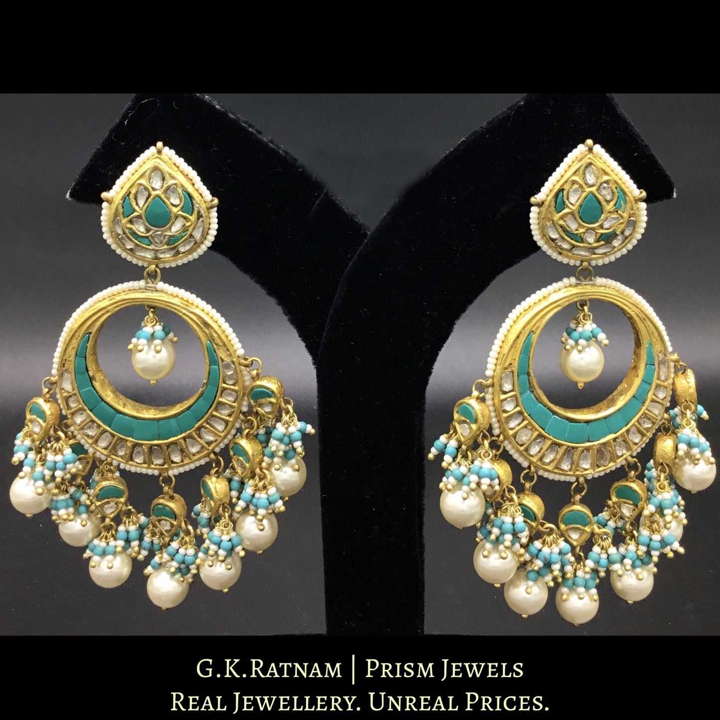 23k Gold and Diamond Polki Chand Bali Earring Pair with Turquoise Setting
