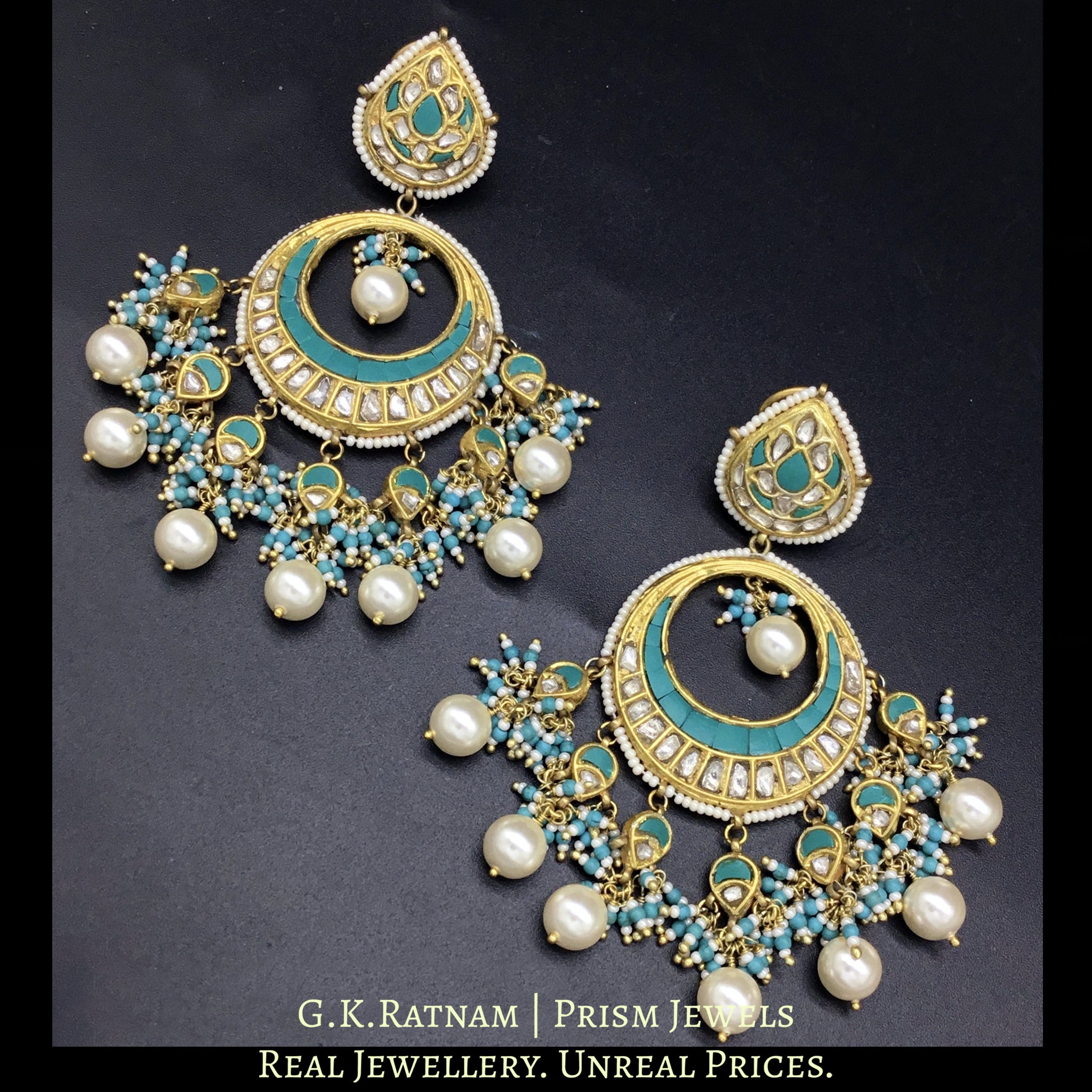 23k Gold and Diamond Polki Chand Bali Earring Pair with Turquoise Setting