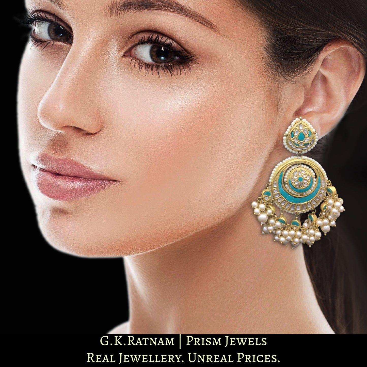 23k Gold and Diamond Polki Chand Bali Earring Pair with Turquoise Setting