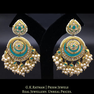 23k Gold and Diamond Polki Chand Bali Earring Pair with Turquoise Setting
