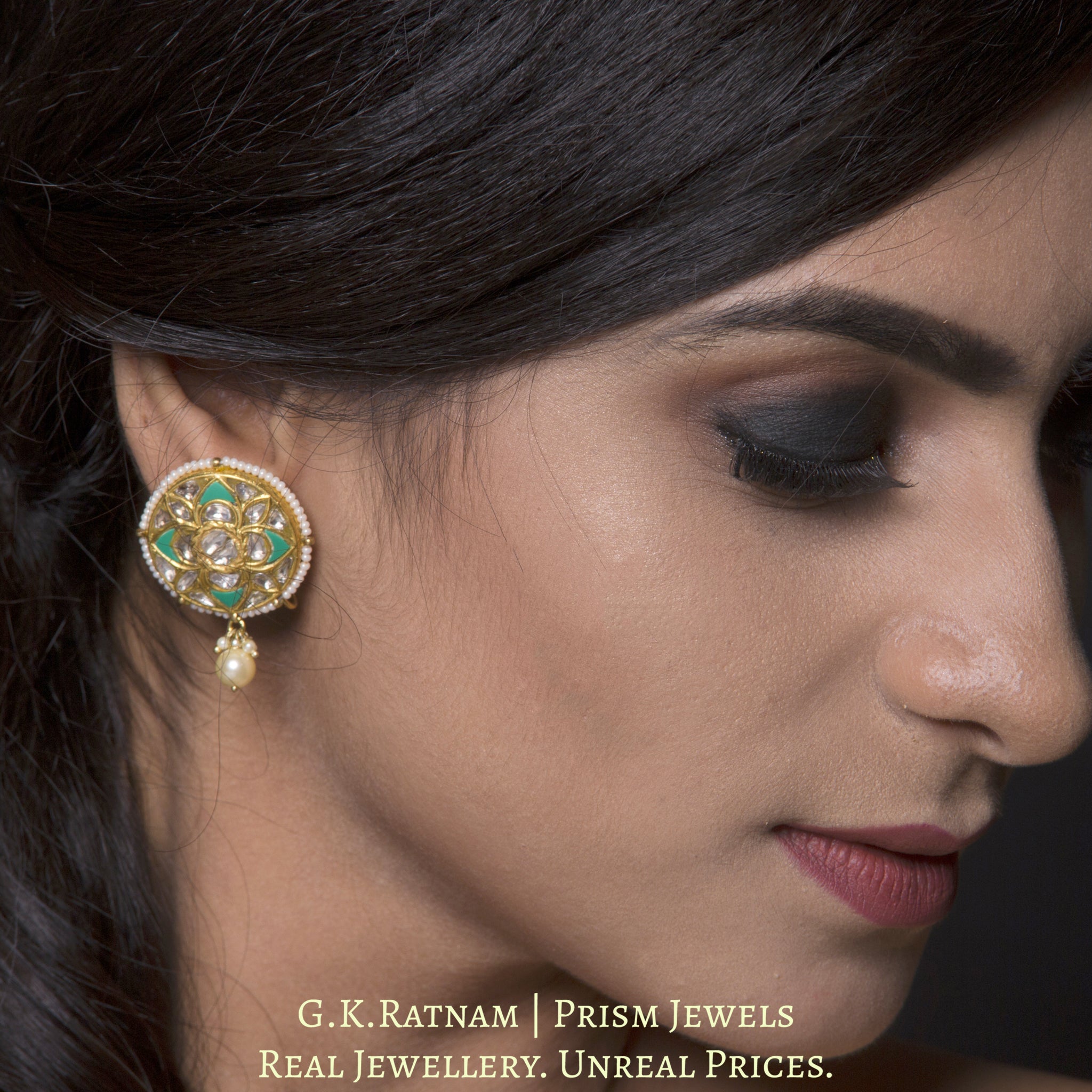 23k Gold and Diamond Polki Chand Bali Earring Pair with firoza detailing