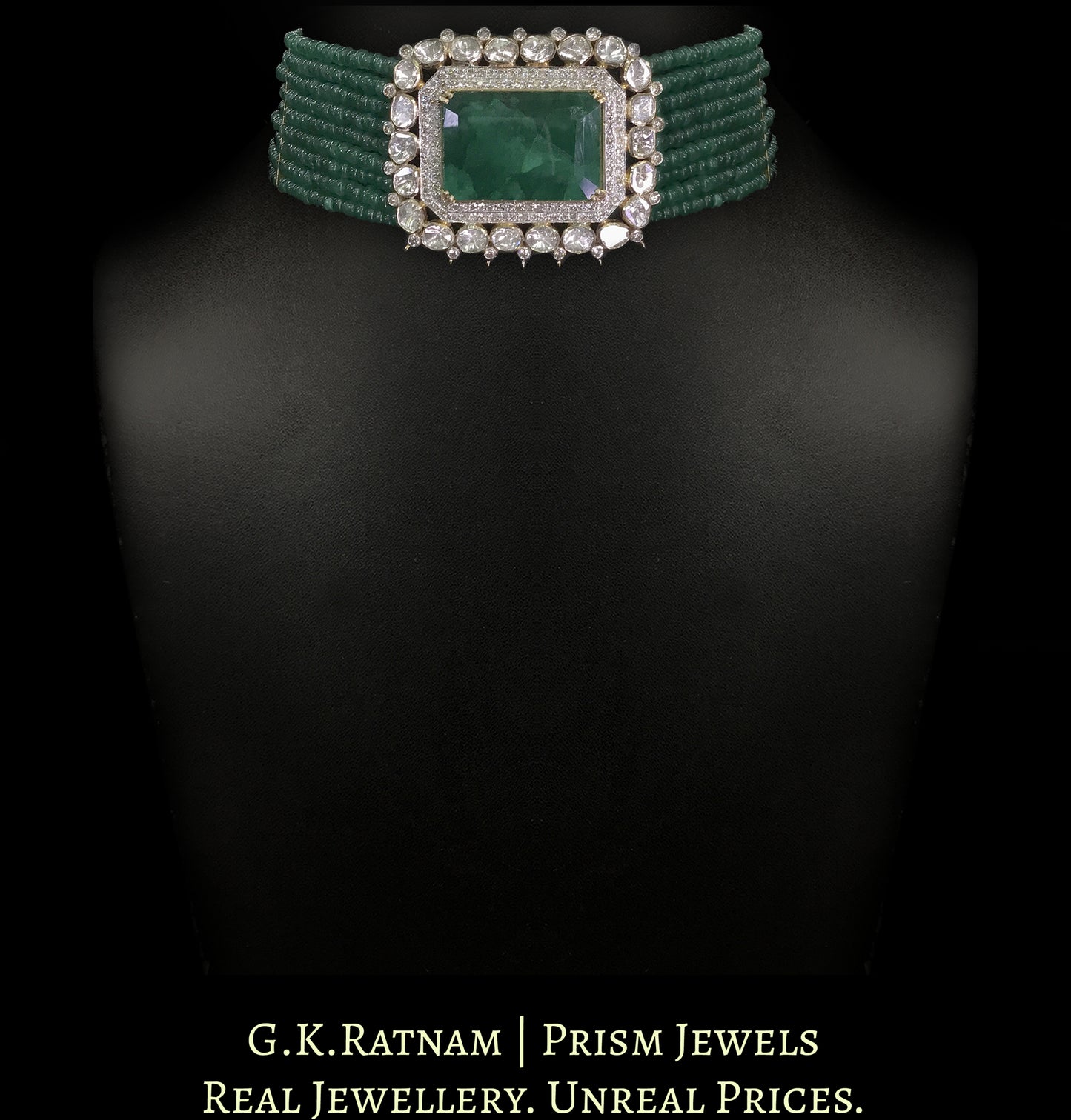 18k Gold and Diamond Polki Open Setting Choker Necklace with Green Beryls