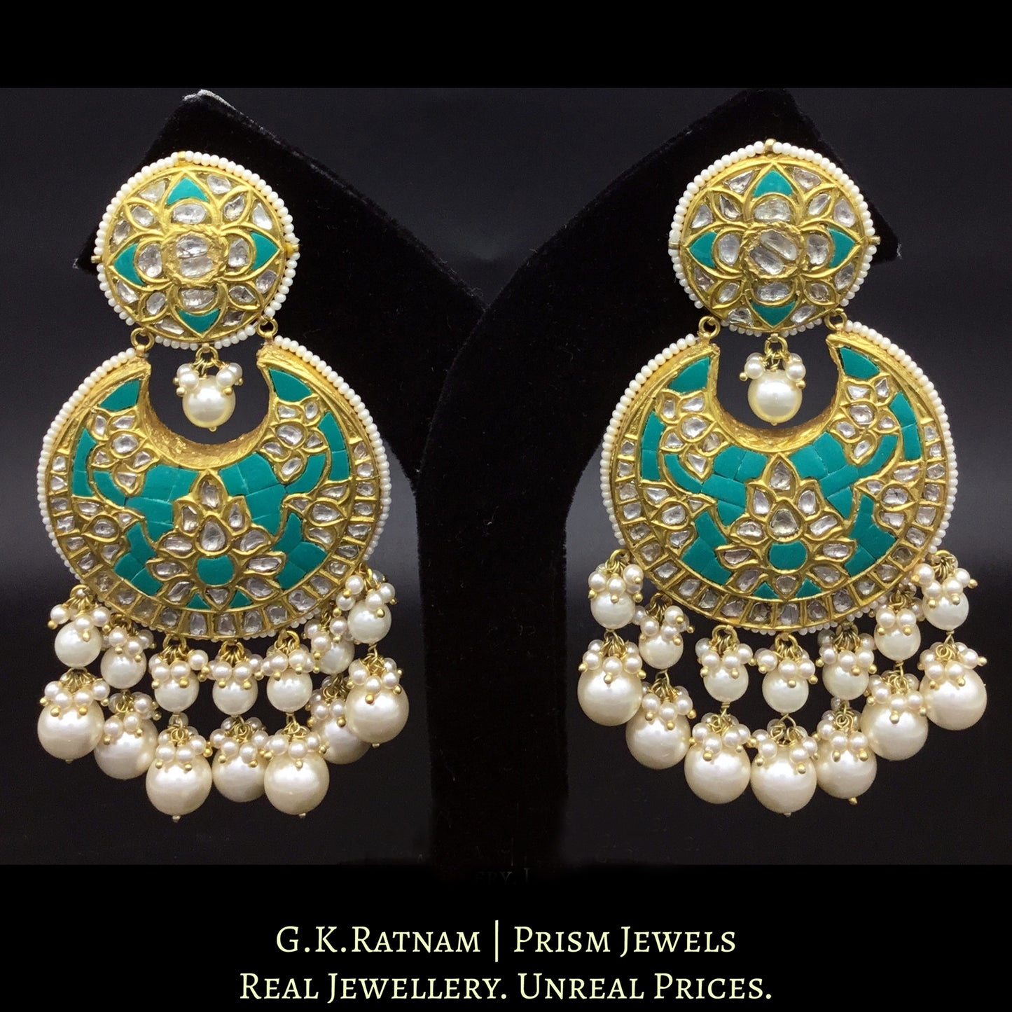 23k Gold and Diamond Polki Chand Bali Earring Pair with firoza detailing