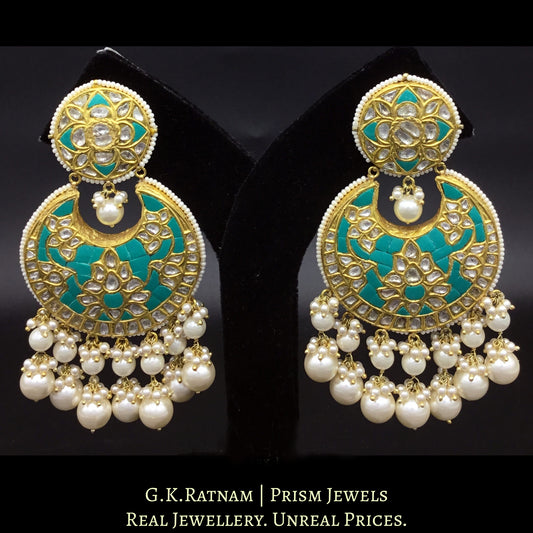 23k Gold and Diamond Polki Chand Bali Earring Pair with firoza detailing