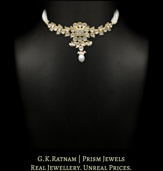 18k Gold and Diamond Polki Choker Necklace strung with Natural Freshwater Pearls