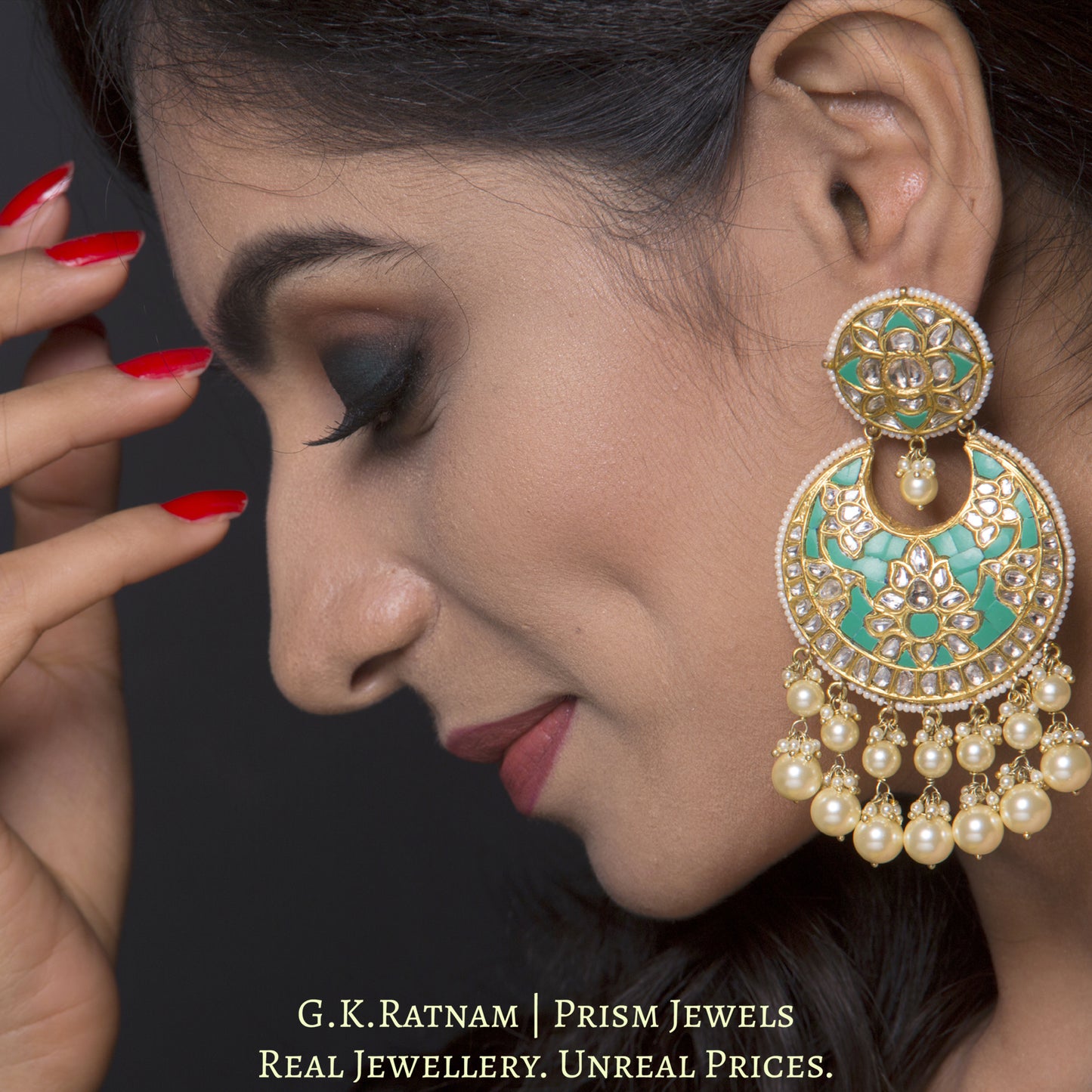 23k Gold and Diamond Polki Chand Bali Earring Pair with firoza detailing