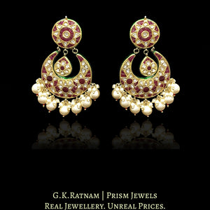 23k Gold and Diamond Polki Chand Bali Earring Pair set with rubies and enhanced with pearls - G. K. Ratnam