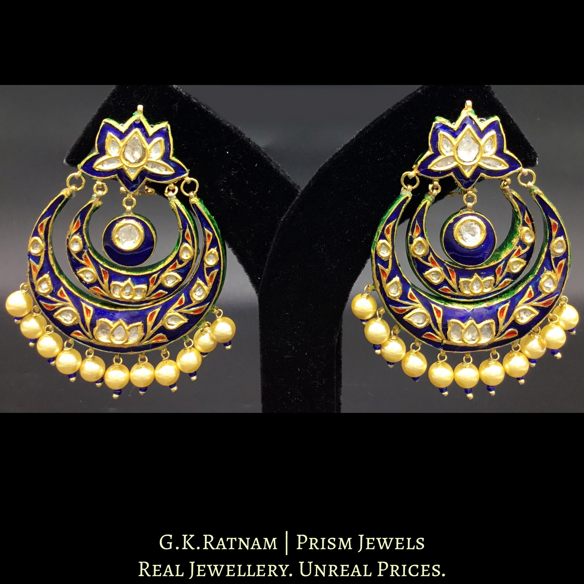 23k Gold and Diamond Polki Chand Bali Earring Pair with royal blue enamelling