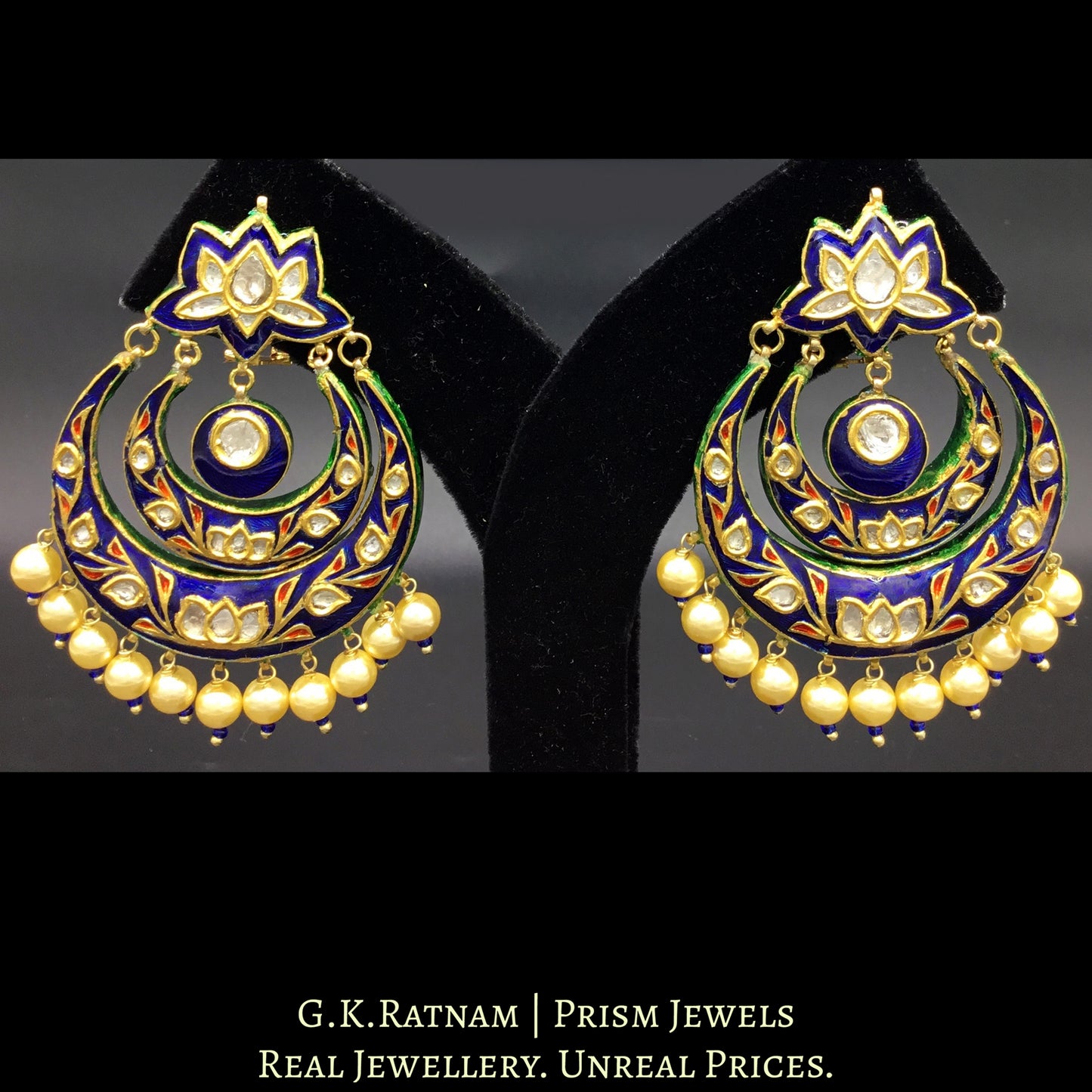 23k Gold and Diamond Polki Chand Bali Earring Pair with royal blue enamelling - G. K. Ratnam