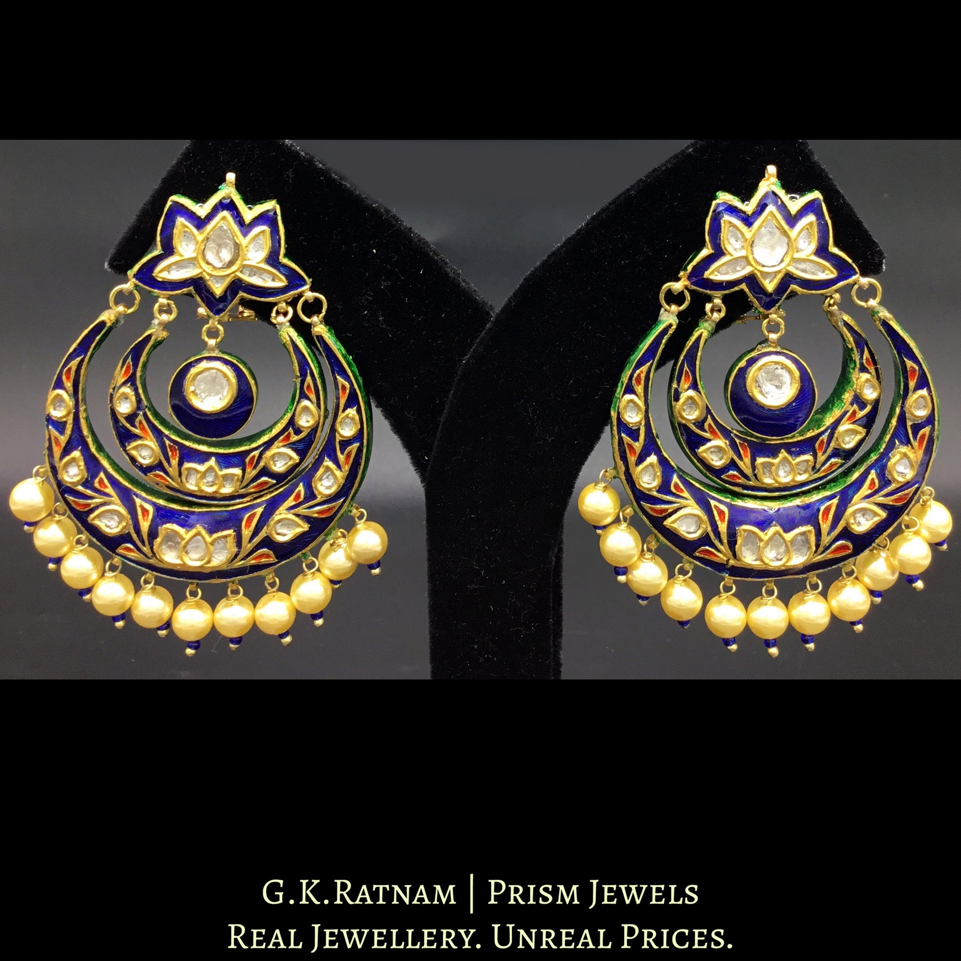 23k Gold and Diamond Polki Chand Bali Earring Pair with royal blue enamelling - G. K. Ratnam