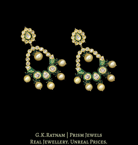 18k Gold and Diamond Polki floral Chand Bali Earring Pair with green enamelling - G. K. Ratnam