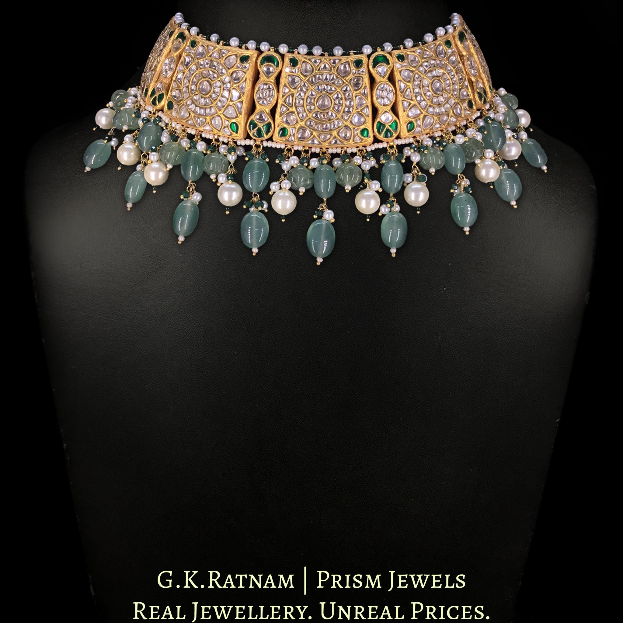 23k Gold and Diamond Polki Choker Necklace Set enhanced with Green Strawberry Quartz and Pearls
