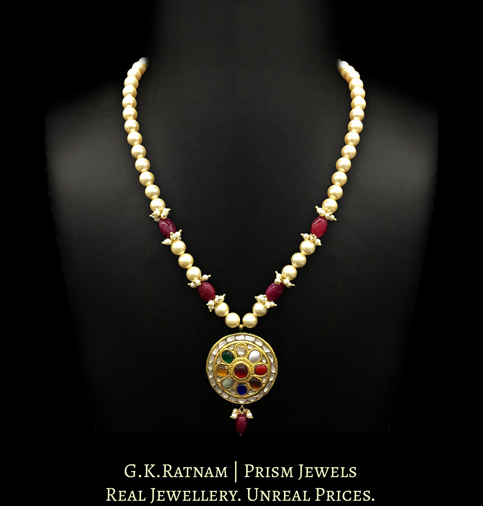 23k Gold and Diamond Polki Round Navratna Pendant with pearls and rubies - G. K. Ratnam
