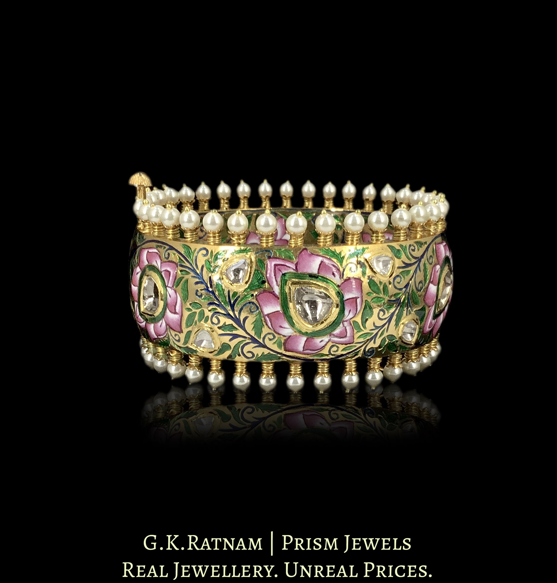 22k Gold and Diamond Polki Broad Bangle with intricate enamelling