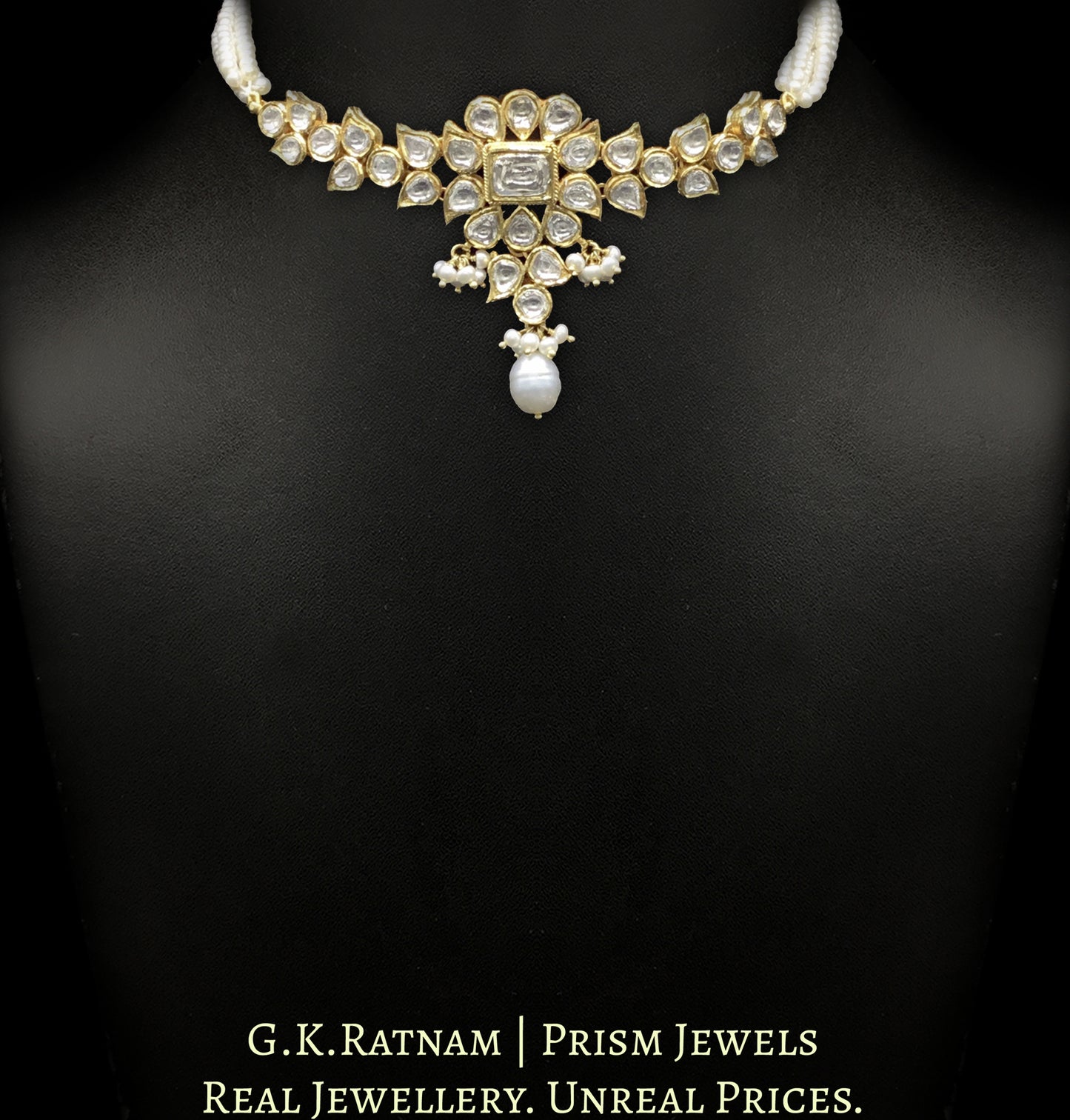18k Gold and Diamond Polki Choker Necklace strung with Natural Freshwater Pearls