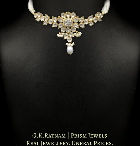 18k Gold and Diamond Polki Choker Necklace strung with Natural Freshwater Pearls