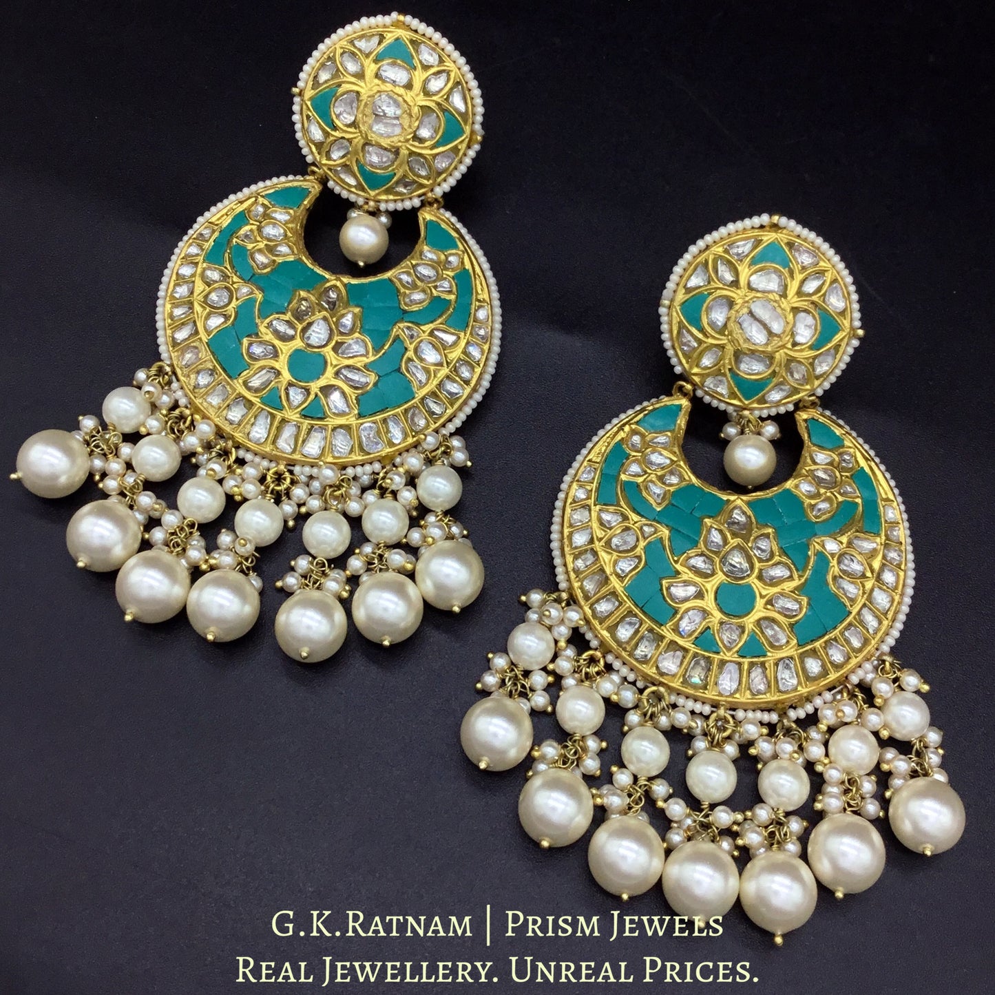 23k Gold and Diamond Polki Chand Bali Earring Pair with firoza detailing