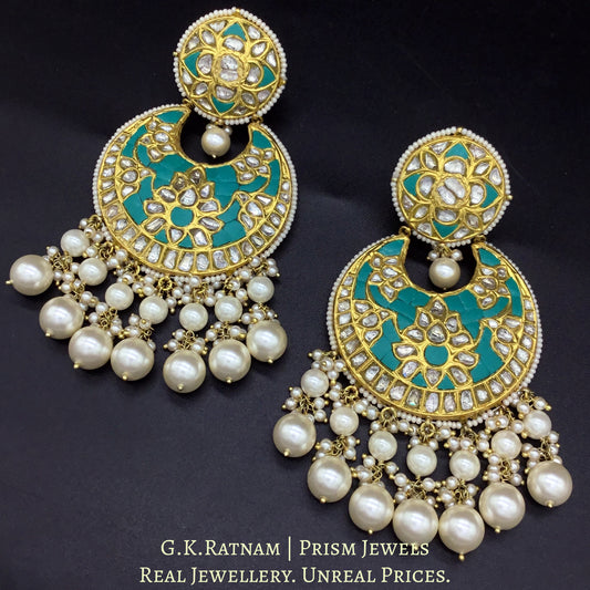 23k Gold and Diamond Polki Chand Bali Earring Pair with firoza detailing