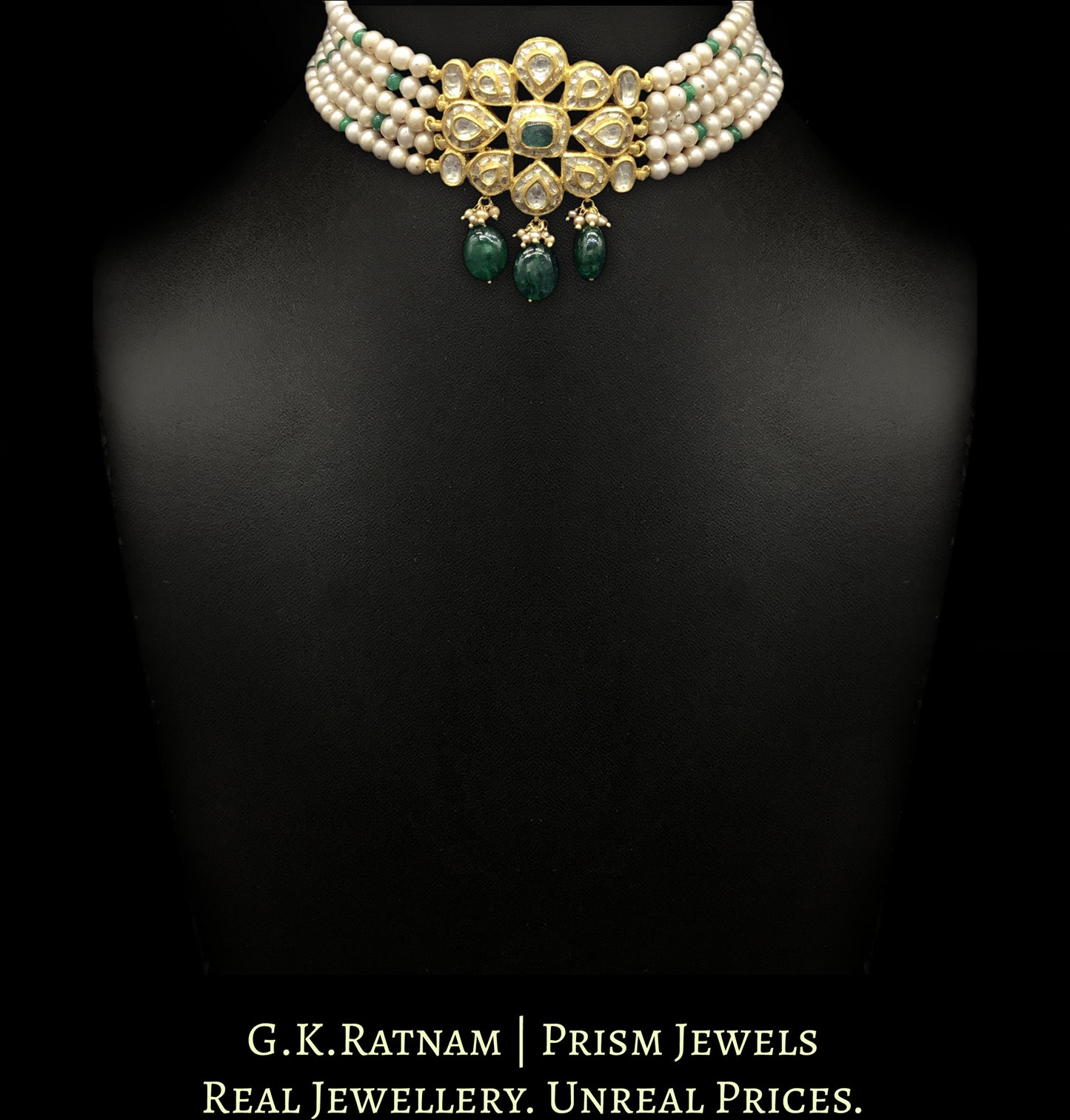 18k Gold and Diamond Polki Choker Necklace With Antiqued Freshwater Pearls and Green Beryls