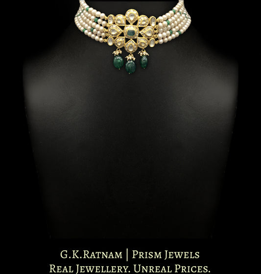 18k Gold and Diamond Polki Choker Necklace With Antiqued Freshwater Pearls and Green Beryls