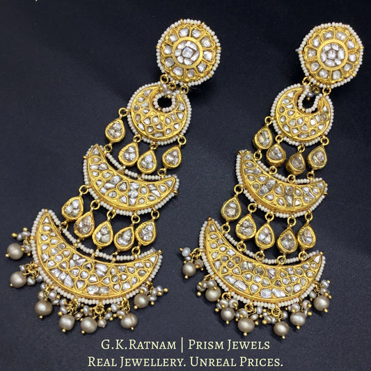 23k Gold and Diamond Polki Long Chandelier Earring Pair with antiqued hyderabadi pearls