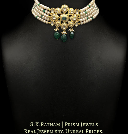 18k Gold and Diamond Polki Choker Necklace With Antiqued Freshwater Pearls and Green Beryls