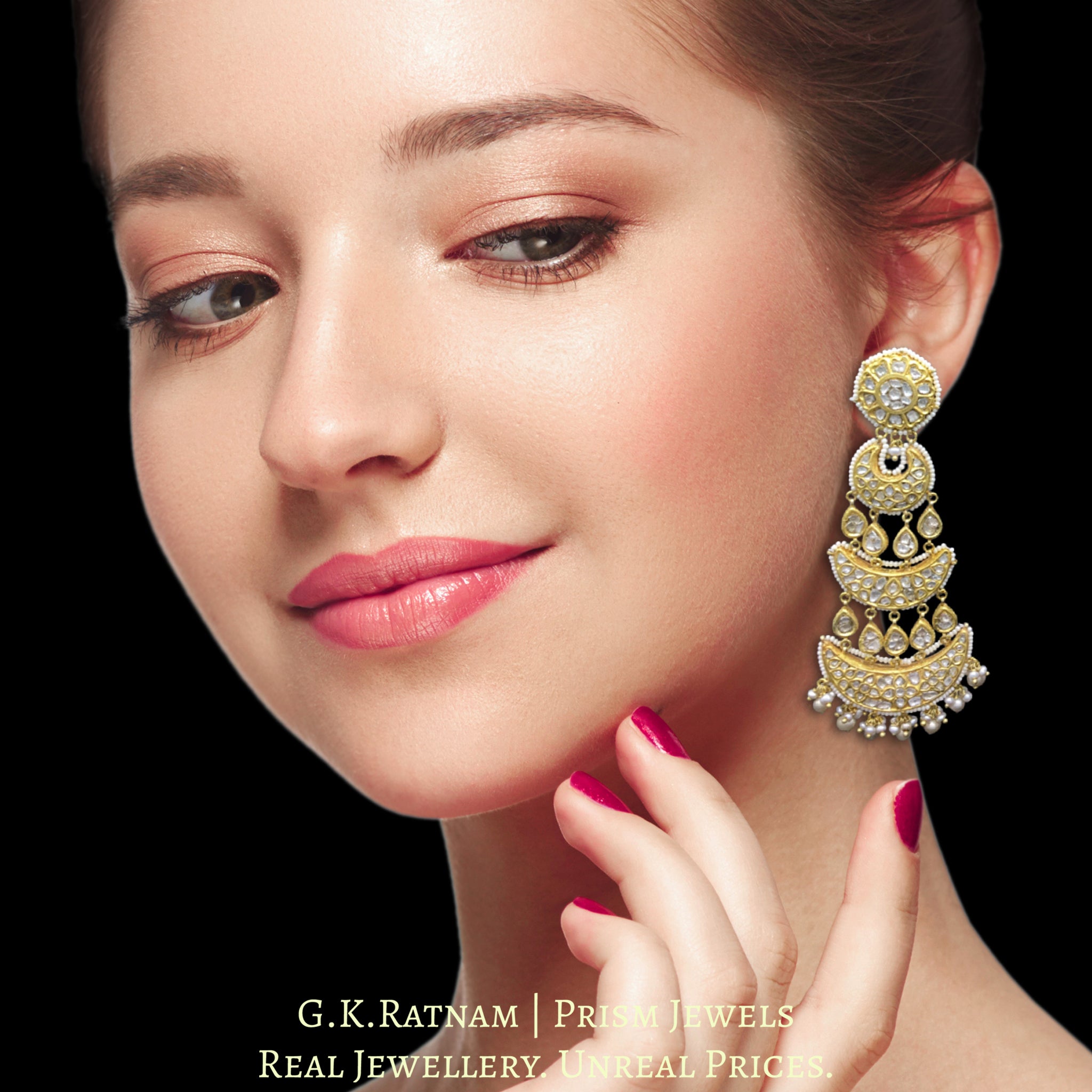 23k Gold and Diamond Polki Long Chandelier Earring Pair with antiqued hyderabadi pearls